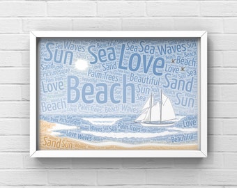 Beach Word Art, Word Cloud summer, Gifts for him, Sea wall decor, Nautical themed gifts, Custom Word Collage, DIGITAL DOWNLOAD