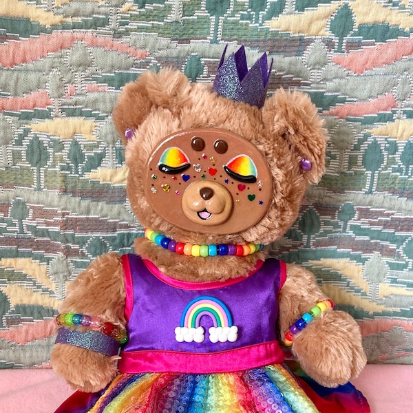 Rainbow Plush, Upcycled Teddy Bear, Clay Face Plushies, Handmade, Beautiful Teddies, LGBTQ+ Pride, Happy Rainbows, Colourful Stuffies