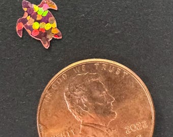 May include: Two turtle-shaped embellishments, one blue and one multi-colored, next to a 2022 penny. The multi-colored turtle has a pink outline and is filled with various colors. The blue turtle is solid. The penny is copper-colored.