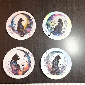Black Cat on the Moon Holographic STICKER - Witchy Art, Laptop decal, waterbottle label