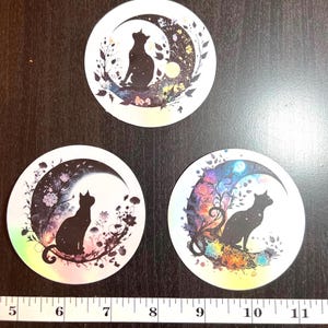 Holographic cat stickers for laptop, waterbottle, school supplies, and more.  Black Cat on the Moon Holographic STICKER - Witchy Art