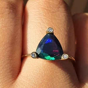 Black Fire Opal Ring 14K Rose Gold, Opal Solitaire Diamonds Ring, Black Opal Color Changing Ring,14k/18k Black Opal Diamonds Engagement Ring