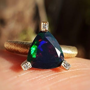 One Of A Kind Black Opal Ring,Natural Opal Ring, Opal Diamond Ring,Fire Opal Ring,Opal Trilliant Ring,Opal Ring For Women 14K/18K Solid Gold