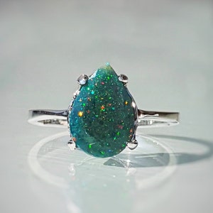 One of a kind Fireworks Pear Natural Black Opal Ring 14k/18k Solid Gold, Rainbow Opal ring, Opal Engagement Ring, Solitaire  Opal Ring