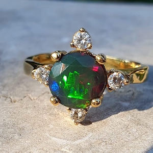 Black Opal Engagement Ring 14k/18k, Victorian Engagement Ring, Black Opal Wedding Ring 14k, Black Opal Diamond Ring,Natural Opal Ring