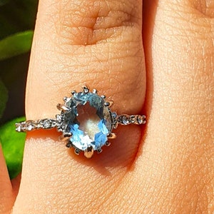 14k White Gold Aquamarine Diamond Engagement Ring, Victorian Engagement Ring, Natural Aquamarine Ring, Aquamarine Solitaire Ring,Vintage