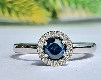 Blue Diamond Ring, 14k White Gold Blue Diamond Engagement Wedding ring, Blue Diamond  Halo ring, 14k Bridal Gold Ring Diamond proposal ring