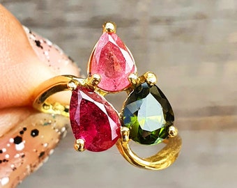 One of a Kind Pear Tourmaline Engagement Ring, Pink/Green Tourmaline Ring 14k Solid Gold Gemstone Ring, Unique Tourmaline Ring Gift For Her