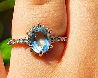 Anillo de compromiso de diamantes de aguamarina de oro blanco de 14 k, anillo de compromiso victoriano, anillo de aguamarina natural, anillo de solitario de aguamarina, vintage