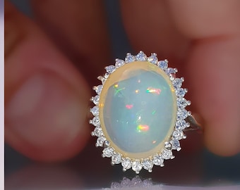 Opal and Diamond Engagement Ring/ Art Deco / White Gold/ Oval /Fire Opal Engagement Ring,Natural Opal Ring, Opal Ring 14k Gold, Opal Jewelry