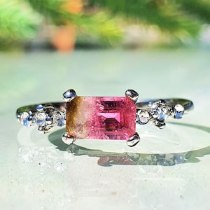 Watermelon Tourmaline Ring 14k/18k gold Tourmaline Diamond Engagement Ring,Natural tourmaline ring baguette 14k/18k Cluster Tourmaline Ring