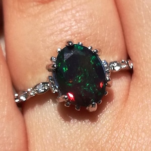 Black Opal Engagement Ring 14k/18k, Victorian Engagement Ring 14k/18k, Black Opal Wedding Ring 14k, Black Opal Diamond Ring,Unique Opal Ring