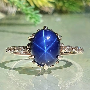 Stare Sapphire and Diamonds Engagement Ring,Victorian Engagement Ring 14k/18k Natural Blue Sapphire Solitaire Promise Ring White Solid Gold