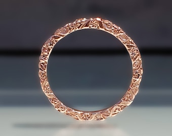 14k / 18K Rose Gold Blume Ehering, zierliche einzigartige Vintage Trauring Frauen, Braut Hochzeit Versprechen Jahrestag Ring für sie 14K / 18K