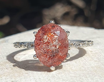 Strawberry Quartz Ring with Natural Diamonds, Art Deco Promise Ring, Unique Pink Gemstone Ring, Pink Engagement Ring, Natural Quartz Ring