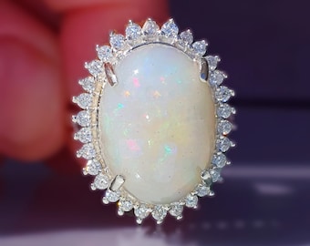 10 CT Huge One of a Kind Opal Ring 14K/18k Fire Opal Ring for Women, Opal Halo Ring, Opal and Diamond Ring,Opal Cocktail Ring,Opal Jewelry