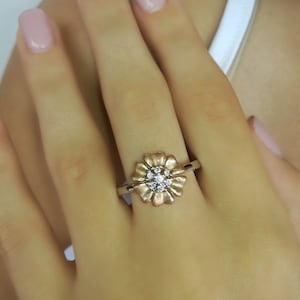 14K Blumen Diamantring, Blumen-Hochzeitsring, zweifarbiger Ehering, Blumen-Diamantring, zweifarbiger Blumenring, zweifarbiger Diamantring