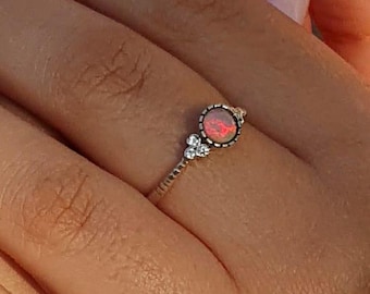 Fire Opal Diamond 14k Gold Engagement Ring, Round Solitaire