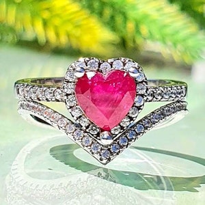 Rubi Diamonds Bridal Rings set,14K natural Ruby Halo Diamonds Engagement Ring Set,14k Heart Cut Ruby Diamonds Ring and Diamond Matching Ring