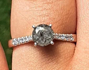Salt And Pepper Diamond Ring 14K /18k Solid Gold Ring,Diamond Engagement Ring, Natural Gray Diamond Ring 1 CT