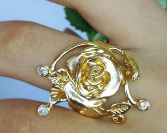 14K Gold Diamond Ring, Rose Flower Diamond Ring, 14K/18K Gold Flower Ring, Floral Diamond Ring 14k Solid Gold,Fine Jewelry,Fine Diamond Ring
