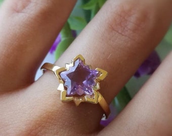 Amethist verlovingsring, Amethist trouwring, Amethist Star Ring 14k Gold Gemstone Ring Gold 14k, Solitaire Amethyst Ring 14K