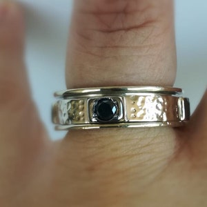 Spinning Wedding Ring 14k White Gold, 18K Black Diamonds Wedding Band, Hammered Diamond Ring Band,Unusual Wedding Ring, Fine Diamond Ring