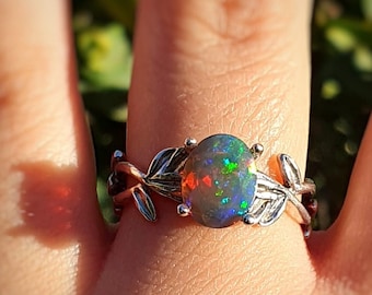 Black Fire Opal 14k Gold Ring, Nature Inspired Leaves