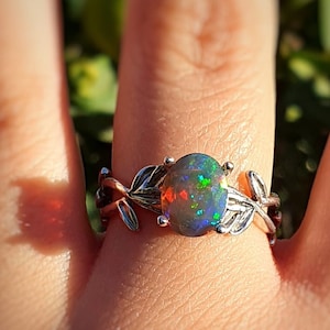 Black Opal Engagement Ring 14k, Opal Nature Ring, Gift For Her, Opal Gold Ring, Opal Promise Ring,Black Fire Opal Ring,Opal Anniversary Ring