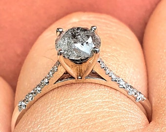 Natural Salt And Pepper 1 Carat Diamond Engagement Ring 14K /18k Solid Gold Solitaire Gray Diamond Ring