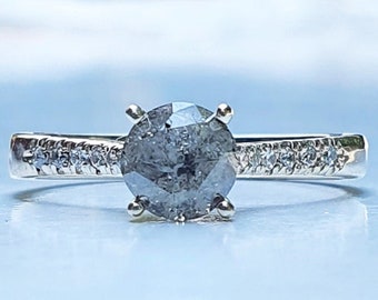 18k/14K White Gold Natural Salt & Pepper Diamond Engagement Ring, 1 Carat Natural Gray Diamond Solitaire Engagement Ring,Unique Diamond Ring