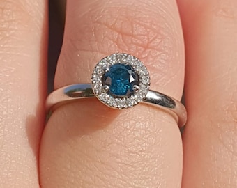 14k Solid White Gold Blue Diamond Halo Engagement Ring