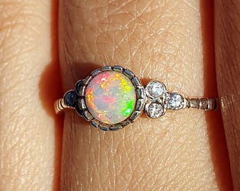 14K/18K Gold Fire Opal Diamonds Engagement Ring, Dainty Round Solitaire Opal Ring ,Natural Opal ring
