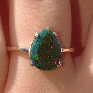 Fire Opal Ring, One of a kind Pear Natural Black Opal Ring 14k/18k Solid Gold, Rainbow Opal ring, Opal Engagement Ring, Solitaire  Opal Ring