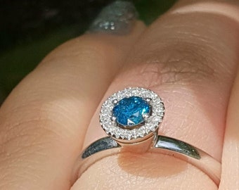 Blue Diamond Engagement Ring 14k Solid White Gold Ring, Diamond Halo Ring, Diamond Wedding Ring, Diamond Proposal Promise Engagement Ring