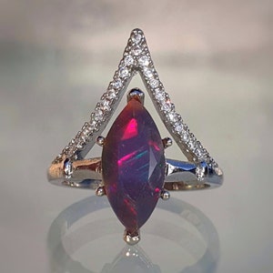 Unique Fire Opal Engagement Ring, Black Opal Ring 14K/18K, Opal Marquise Ring, Natural Opal Ring, Opal Diamond Ring, Opal Wedding Ring Set