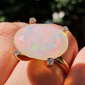 Fire Opal Ring, Opal Diamond Ring, One of a Kind Ring, Natural Opal Ring, White Opal ring,Opal Diamond Ring,Big Opal Ring, Rainbow Opal Ring
