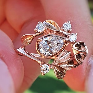 14k Rose Gold Twig & Leaf Diamond Engagement Ring, Branch Diamond Engagement Ring,Nature Wedding Ring,Lab Grown Diamond Ring Nature Inspired