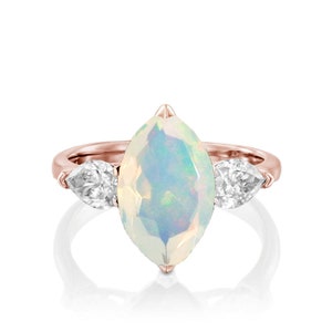 14k Rose Gold Opal And Moissanite Ring , Opal Marquise Ring, Opal Wedding Ring, Opal Rainbow Ring, Opal Engagement Ring, Opal Dainty Ring