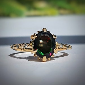 14k Black Opal Vintage Engagement Ring, Opal and Diamond Ring, Black Engagement Ring, Black Fire Opal Engagement Ring, Opal Anniversary Ring