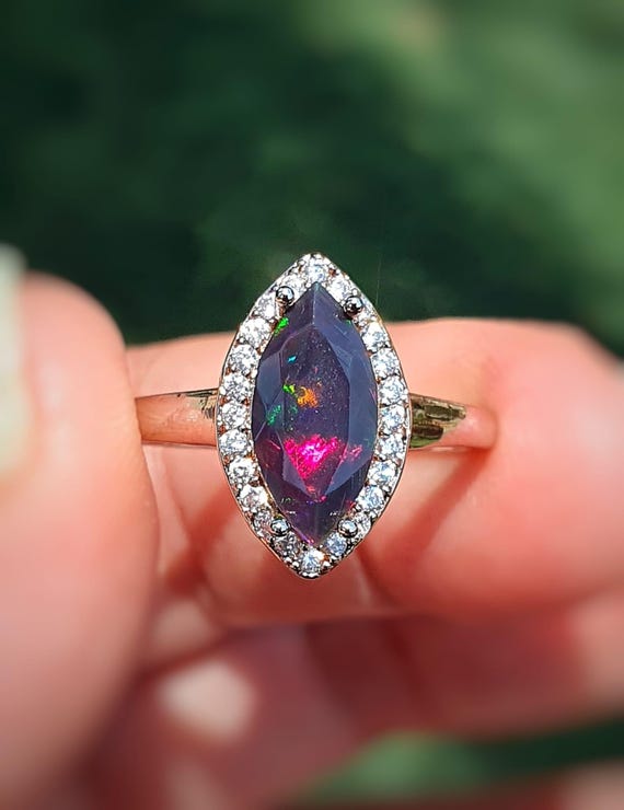 14K Marquise Cut Black Opal Diamond Engagement Ring, 14k Solid