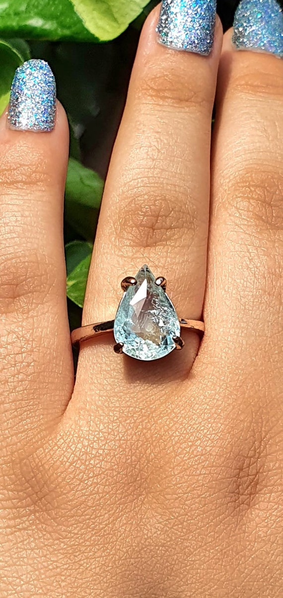 Anillo de aguamarina de corte pera de oro rosa de 14 quilates Anillo de aguamarina grande de 14 quilates Anillo de aguamarina alternativa compromiso promesa solitario de 18 quilates 14 quilates Etsy E...