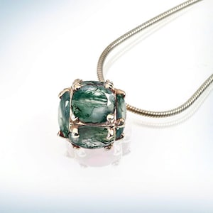 Natural Moss Agate Cube Shape Necklace Sterling Silver/Solid Gold,Unique Gift For Her,Dainty Moss Agate Nature Wedding Necklace Promise Gift
