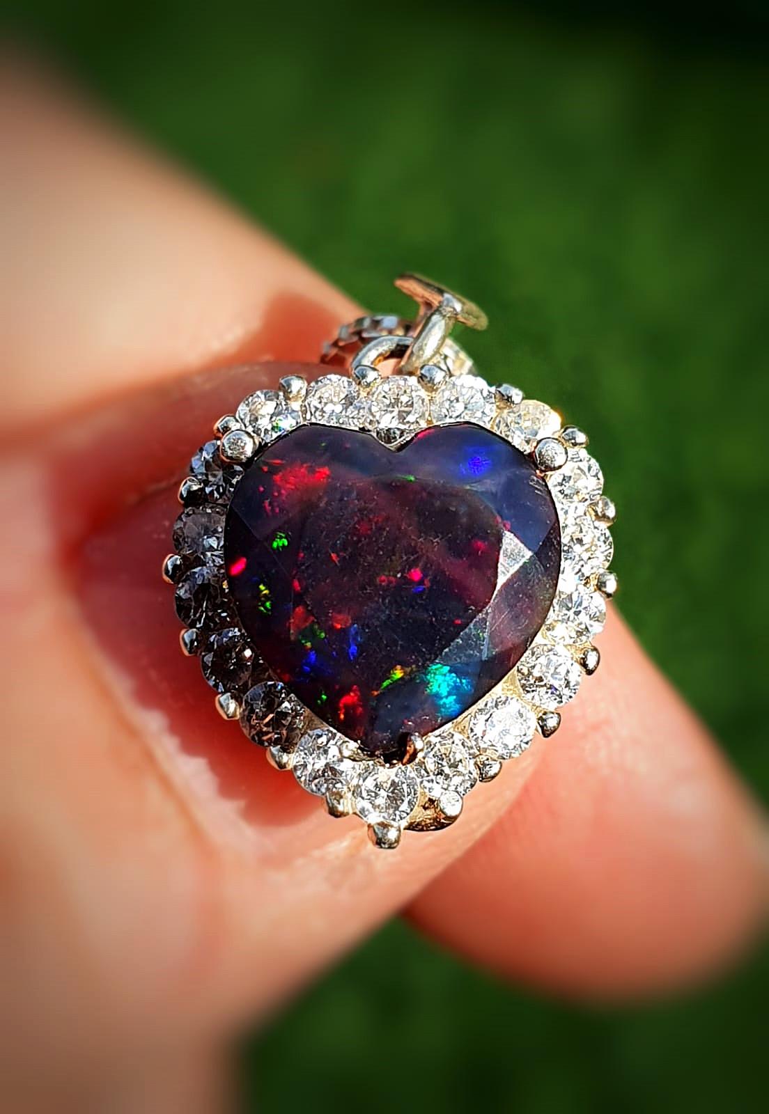Heart Cut Black Opal Diamond Necklace 14k/18k Solid Gold, Natural Black Opal Pendant Necklace, Fine Opal Necklace, Opal Statement Necklace