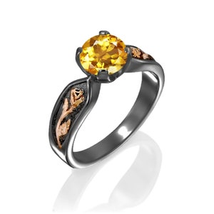 14K Citrine Engagement Ring, Citrine solitaire ring, Citrine Birthstone Ring, Black Gold Ring, 14K Black Gold Engagement Ring, Two Tone Ring