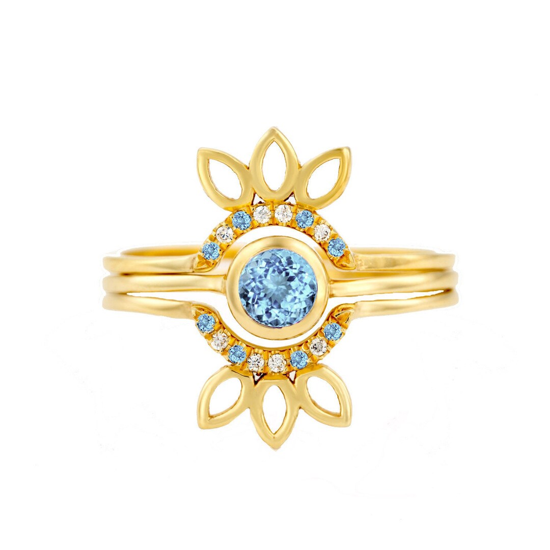 Diamond and Aquamarine Engagement Ring Set 14K Wedding Ring - Etsy