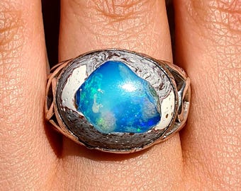 13 CT Natural Blue Opal Ring,14K Solid Gold Fire Opal Ring, One Of A Kind Celtic Knot Opal Ring, Opal Statement Ring