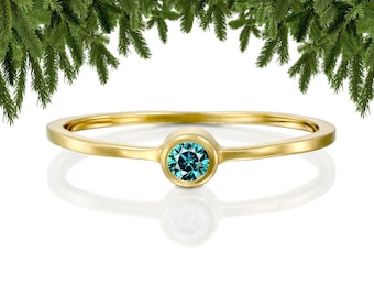 Anillo de oro macizo de 14 quilates con diamante azul, regalo de Navidad para ella, anillo apilable con diamante azul, anillo minimalista con diamante, anillo de compromiso fino con diamante