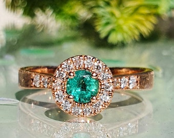 14k Różowe Złoto Szmaragd i Diamentowy Pierścionek Zaręczynowy, Halo Szmaragdowy Pierścionek Zaręczynowy, Fine Jewelry Pierścionki Szmaragdowe, 14k/18k Naturalny Szmaragdowy Pierścionek