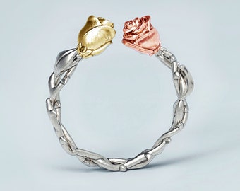 Floral Hochzeit Band 14K Solid Gold, Natur inspiriert Hochzeit Band, Stapelring 14K, Rose Blume Ring, Zweig und Blatt Ring, Tricolor Goldring